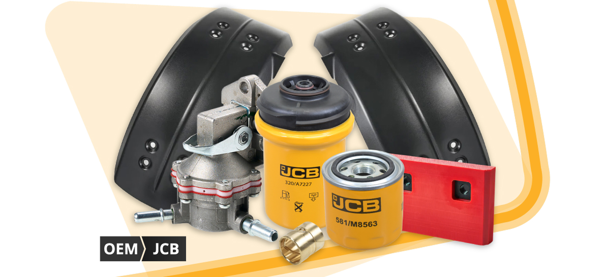 Ausgestellt ist eine Auswahl an Original-Ersatzteilen für JCB-Teleskoplader, darunter Filter, Laderteile und Lenkungskomponenten, die die gesamte Bandbreite des bei Sparex erhältlichen Angebots an Original-Ersatzteilen für JCB-Teleskoplader widerspiegeln.