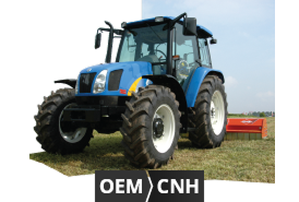 Traktorbild, das darauf hinweist, dass Originalersatzteile für Maschinen von Ford/New Holland, John Deere und Case IH erhältlich sind. 