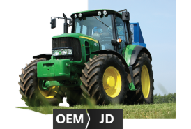 Traktorbild, das darauf hinweist, dass Originalersatzteile für Maschinen von Ford/New Holland, John Deere und Case IH erhältlich sind. 