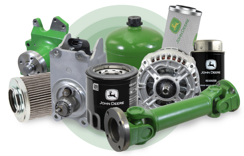 Ausstellung einer Auswahl an Original-Ersatzteilen für John Deere-Traktoren, darunter Filter, Gestängekomponenten und Bremsteile, die die Bandbreite unseres Angebots an Original-Ersatzteilen widerspiegeln.
